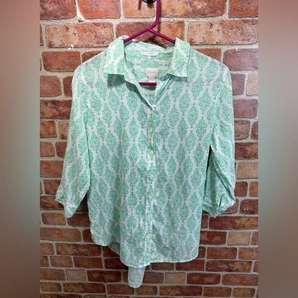 Chico's Tops - Chico's effortless 100% linen batik sina button up Mint Green Printed Shirt sz 1